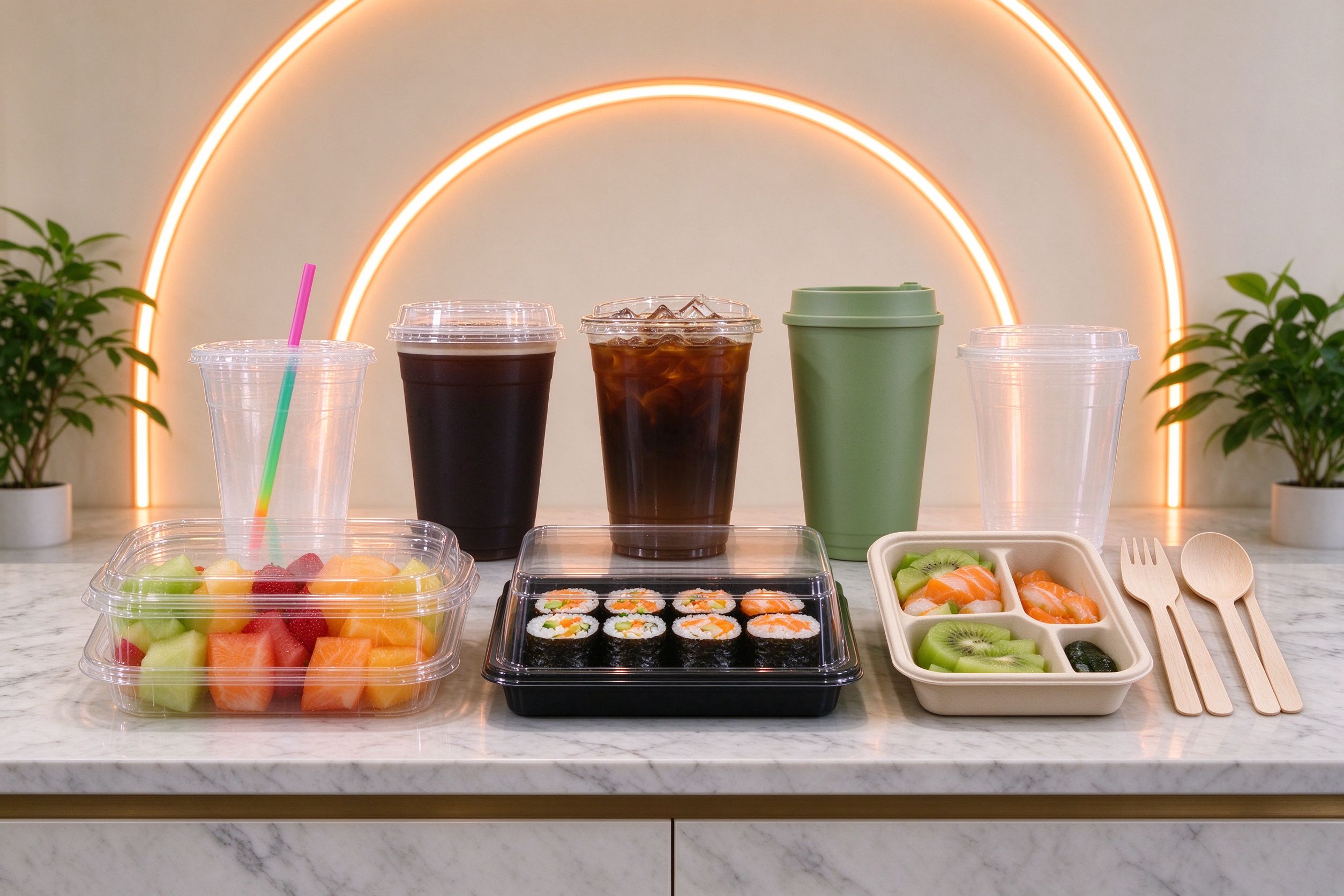 Full range of cups, boxes and cutlery